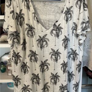 Tommy Bahama Black Palm Print V-Neck Linen Tee Sz L
